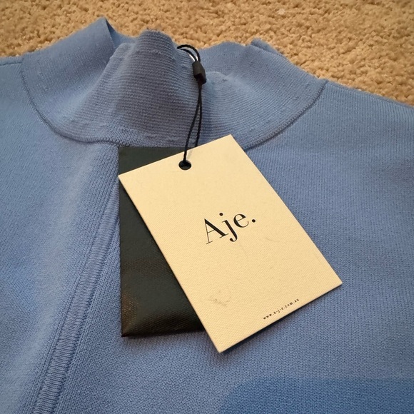 AJE- NWT Mist Blue Harmony Knit Longsleeve Scalloped Trim High Collar Mini Dress - Picture 7 of 10